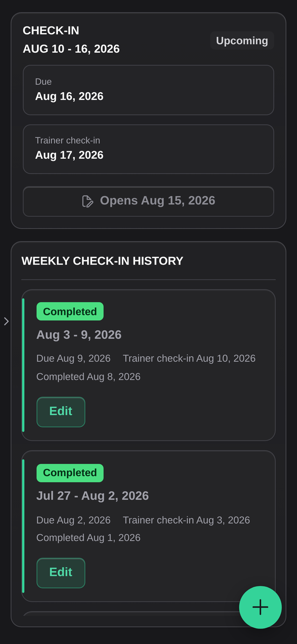 The check-ins screen on a phone