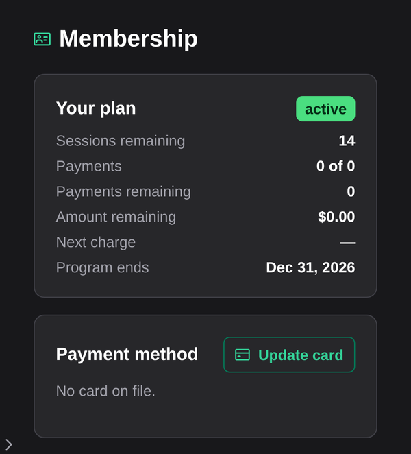 The Membership screen showing a plan summary