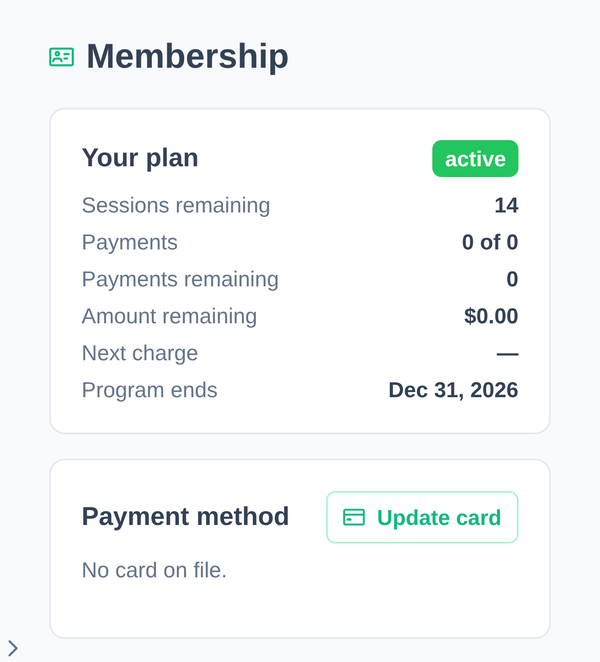 The Membership screen showing a plan summary