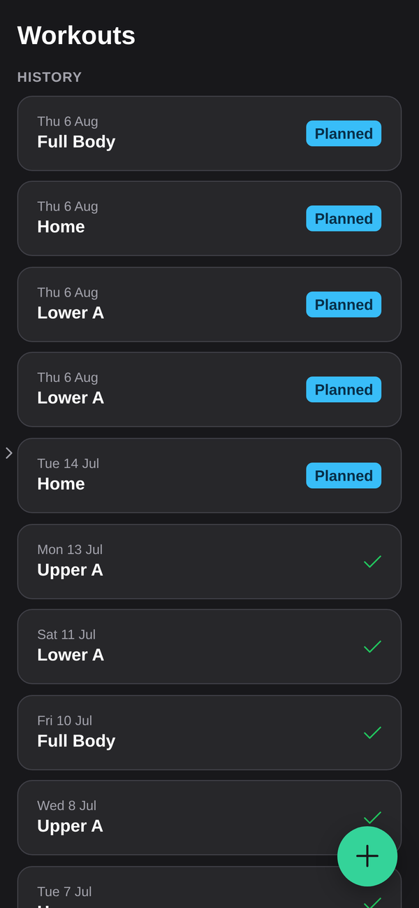 The Workouts screen on a phone