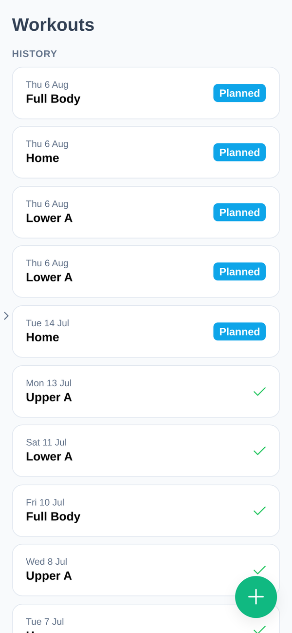 The Workouts screen on a phone